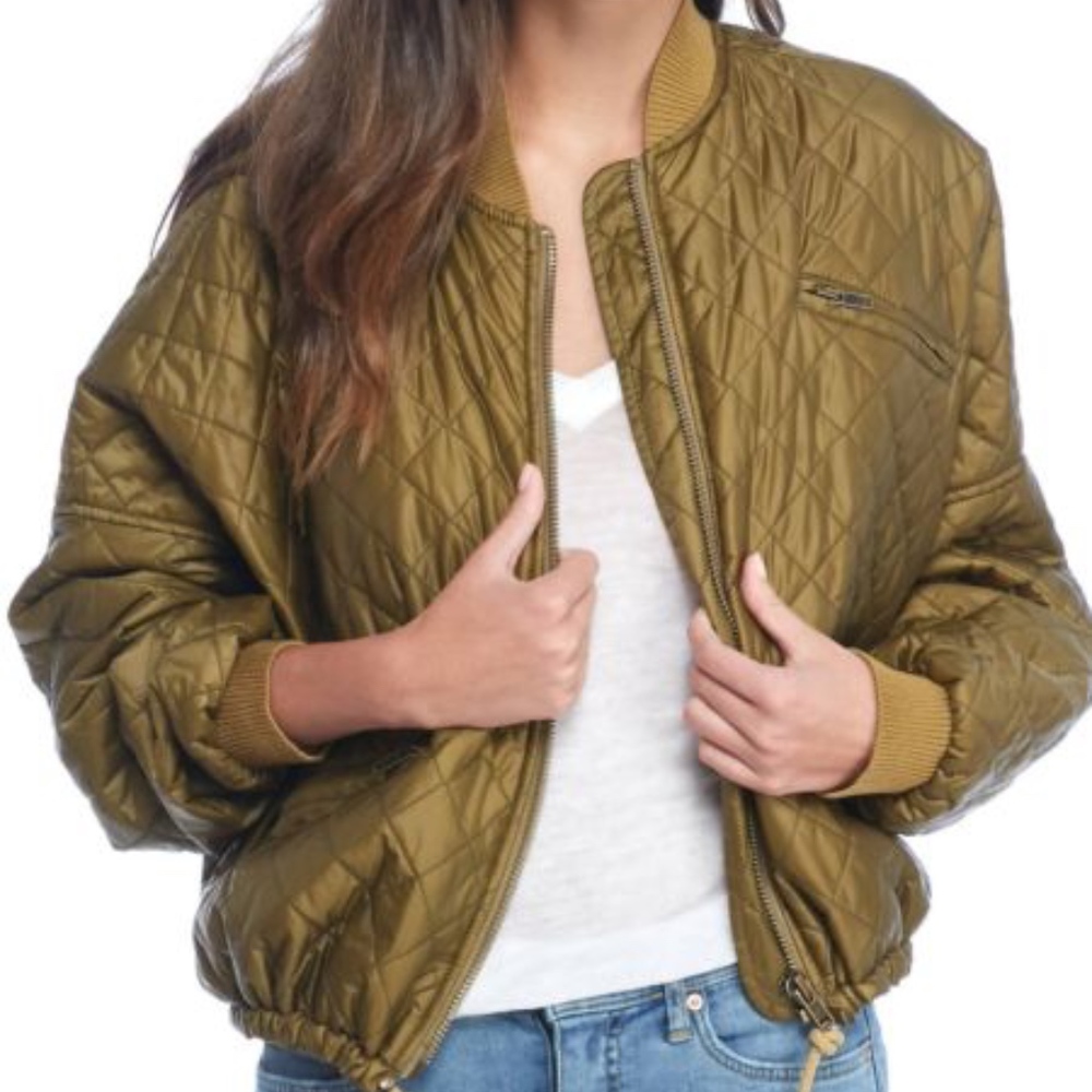 Free People Olive Green Quilted Bomber Jacket